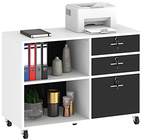 YITAHOME Rollcontainer, Aktenschrank mit 3 Schubladen und 2 Fächern, Mobile Dokumentenschrank mit Umlenkrolle, Geeignet für Drucker, A4, Dokument, Schreibwaren, Zuhause und Büro, Schwarz + Weiß