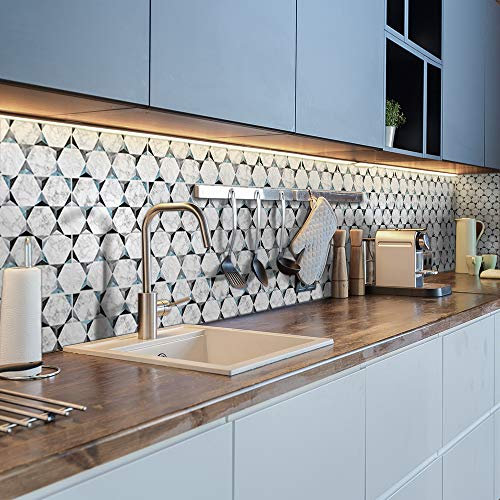 Lot de 10 autocollants de 15 x 15 cm imitation carreaux de ciment à poser au mur. Crédence, décoration d’intérieur, pour salon, cuisine, salle de bains, gris métallisé (metallic grey)
