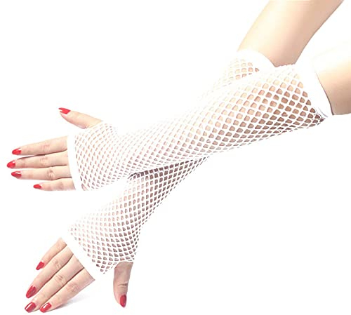 general3 Damen-Handschuhe, Punk, Gothic, Disco, Tanz, Kostüm, Mode, Spitze, lang, fingerlos, Netz-Handschuhe - Weiß - Einheitsgröße