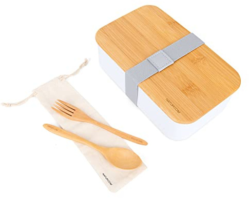 Naturoom Bento Lunch Box For Adults/Kids, including 1 Food Container with 1 Divider, 1 Wooden Cutlery Set (1 Fork&1 Spoon) with 1 Cotton Pouch and 1 bamboo Chopping Board Lid, BPA Free.