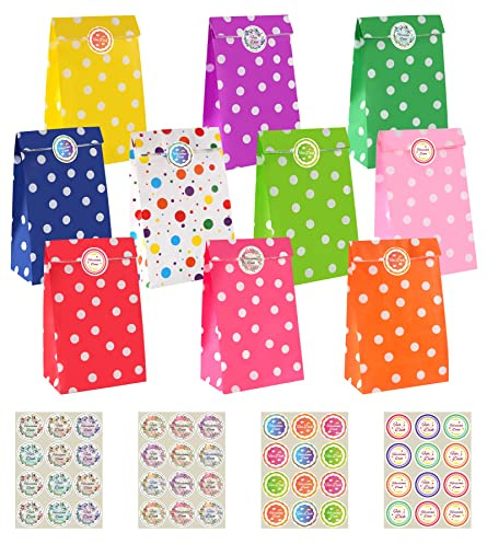 Ihaspoko 20 Stück Papiertüten, mit 48 Stück Runden Aufklebern, Geschenktüten aus Kraftpapier mit süßem Punktmuster für Hochzeit, Geburtstag, Partyzubehör und Geschenke, 5,1x3,1x9,4 Zoll
