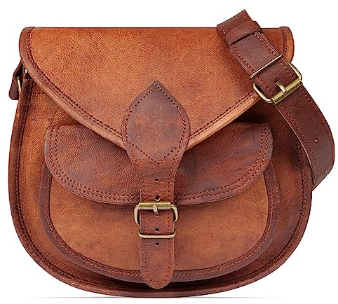 LEABAGS Leder Handtasche Damen, Vintage Cognac Premium Echtleder Umhängetasche, Damen Schultertasche Damentasche Tragetasche für Arbeit Uni Schule Freizeit I Größe M (21 x 20 x 8 cm)