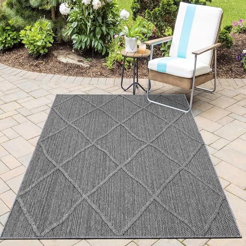 HomebyHome In & Outdoor Bouclé Teppich wetterfest Grau 120x170 cm Skandinavische Boho Design 3D Hoch Tief Effekt für Wohnzimmer Esszimmer oder Balkon