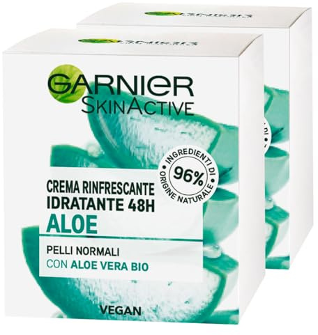 GARNIER SkinActive Feuchtigkeitsspendende Gesichtscreme mit Aloe Vera mit erfrischender Wirkung für normale Haut, dermatologisch getestete Formel mit Inhaltsstoffen 96% natürlichen Ursprungs - 2 Dosen