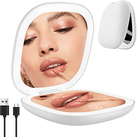 LED Taschenspiegel mit Vergrößerung 1×/10×, Tragbar Klein Kosmetikspiegel USB Wiederaufladbarer Handspiegel mit Dimmable Mini Klappbarer Reisespiegel Kompaktspiegel für Handtaschen, quadratisch - Weiß