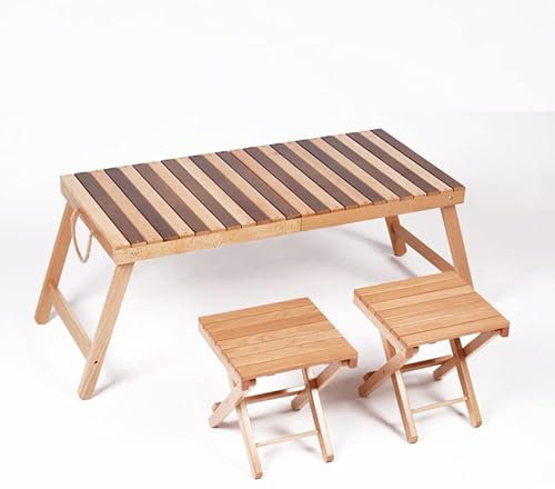 Klappbarer Campingtisch aus Holz mit zwei Hockern, tragbarer Picknicktisch mit Tragetasche, aufrollbare Bambustischplatte, Klapptisch für Hof Terrasse Garten Strand, einfache Montage ( 90x42.5x38CM)