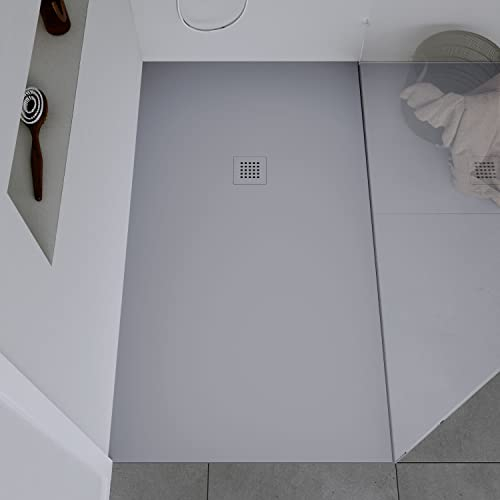 DURAVIT Duschtasse 140x80 cm, Flache Bauhöhe, Duschwanne DuraBayas in Hellgrau Matt aus Mineralguss mit integriertem Ablaufdeckel, Duschbecken mit Gefälle
