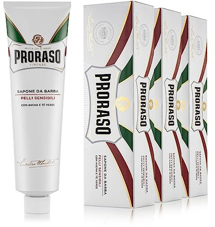 Proraso Sapone da Barba in Tubo Pelli Sensibili, 3 x 150ml, Sapone barba cremoso e arricchito con Estratti di Avena e Tè Verde, Made in Italy