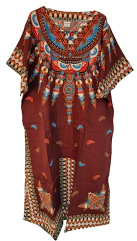 Vestido largo de verano para mujer 100% algodón Dashiki estampado africano, talla única, marrón, Talla única