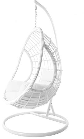 KIDEO Komplettset: großer Hängesessel mit Gestell & Kissen, Hängesessel weiß, Lounge Möbel, Poly-Rattan, weiß (Kissen: weiß Nest (1000 Snow))
