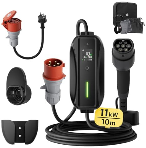 dé elbilsladdare 3 fas [10m,11kW,6-16A] laddkabel elbil Typ 2 Justerbar Ström ev charger 11kW med Timer & Fördröjning, IP65 EV Laddbox för Elbilar & PHEV