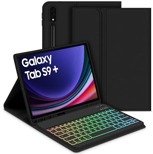 GOOJODOQ Beleuchtete Tastatur Hülle für Samsung Galaxy Tab S9+/S9 Plus 12,4 2023, QWERTZ Abnehmbarer Beleuchtete Tastatur mit Hülle für Galaxy Tab S9+ 12,4 Zoll 2023 (SM-X810/X816/X818), Schwarz