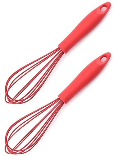 Schneebesen aus Silikon, 10 Zoll Schneebesen, Rührbesen, Quirl, Ballonschneebesen, Handschneebesen für Mischen, Schneebesen, Eiern, Aufschäumen, Schlagen, Aufschäumen und Rühren (Rot*2)