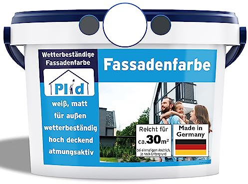 Plid® - Fassadenfarbe Weiss Außen [WETTER & UV-BESTÄNDIG]- Hochwertige Farbe für Mauerwerk, Hauswand, Beton & Kellerwand - Sockelfarbe - Mauerfarbe - Wandfarbe Weiß 5L & 10L - Made in Germany Set