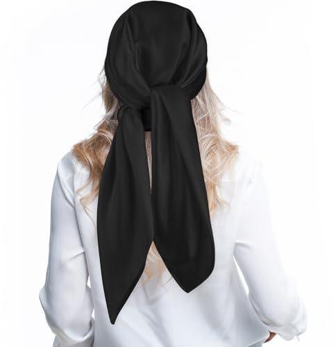 Andibro Pañuelo cuadrado grande de satén de 35 pulgadas, seda brillante de color sólido, pañuelos para la cabeza para dormir para mujer, bandana para el cabello, Negro -, 89 cm