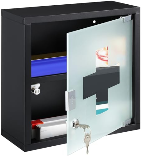 Timgle First Aid Wall Cabinet with Lock Medicine Wall Mounted Bathroom Storage Hanging Medical Cabinet with Safety Glass Door for Bathroom(2 Shelves,Black)