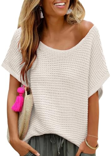 YUTILA Damen Loose Kurzarmpullover Casual Rundhals Lockere Sommer Strickpullover In luftgem Ajourstrick,sommerlich
