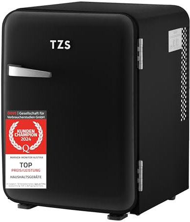 TZS First Austria - Mini Frigorífico Retro 40L silencioso - Pequeño Minifrigo diseño vintage con luz interior y 2 compartimentos de puerta - Minibar para camping, oficina, dormitorio y hotel - negro