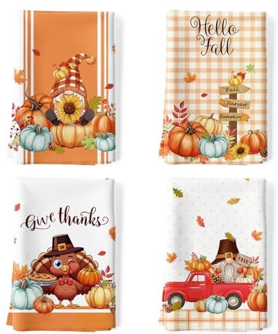 Arquiel 4 asciugamani da cucina con tacchino del Ringraziamento in 100% cotone autunnale a forma di zucca, asciugamano assorbente 69,8 x 47,8 cm