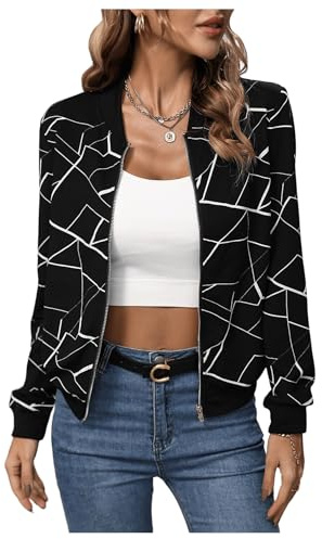 GORGLITTER Bomberjacke Damen Blouson Jacke Dünne Fliegerjacke Baseball-Kragen Jacke Übergangsjacke Zip Up Freizeitjacke Schwarz M