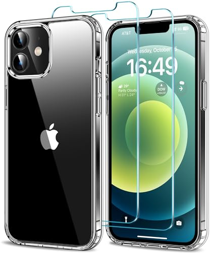 HOOMIL 3 in 1 Hülle für iPhone 12/12 Pro, mit 2 Stück Schutzfolie, Militärischer Stoßschutz, Nie Vergilbung Transparent Case - Durchsichtig