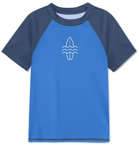 Glimnerize Camisas de protección para niños, camisetas de natación UPF 50+, protección solar, pesca, agua, playa, surf, trajes de baño de 3 a 14 años, Tabla de surf azul oscuro, 110