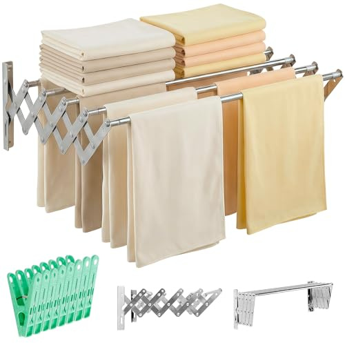 JUPPLIES Tendedero Extensible Pared 160cm - Tendedero Plegable de Pared de Interior o Exterior Apto para Todo Tipo de Ropa con 5 Barras de Secado - 10 Pinzas Incluidas