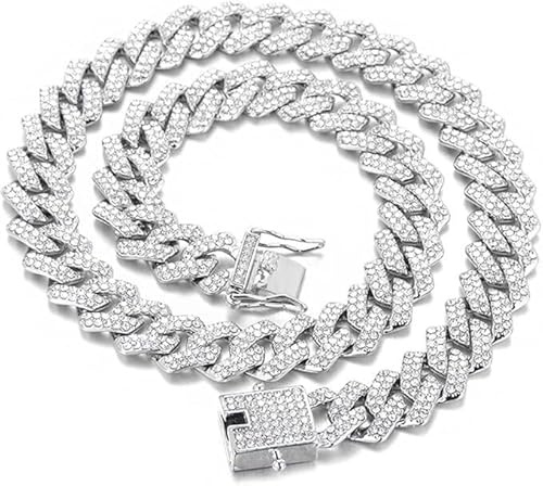 MIRKUZI Collares para hombre, Cadena para hombre Cadena cubana Collar de cristal de hielo Rapero de hip hop Joyería para hombres Regalos para hombres 50 cm (12 mm) Plata