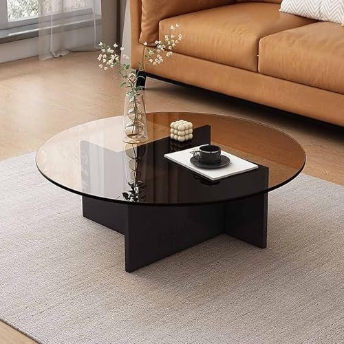 KaBuea Couchtische für Wohnzimmer – Runder Couchtisch aus Glas mit Holzsockel, Kleiner Mid-Century-Beistelltisch für Arbeitszimmer, Büro, Hotel, Balkon