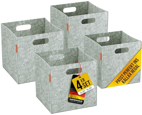 Havenhaus Filzkorb Aufbewahrung 4er Set Silber-Grau 30x30x30cm | Boxen Aufbewahrung Filz | Kallax Boxen geeignet für Aufbewahrung im ganzen Haus | Körbe Aufbewahrung Filzbox stabil Regalkörbe