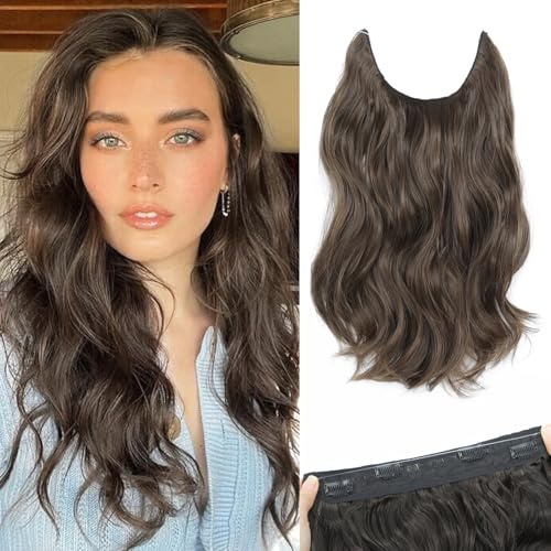 Morichy Halos Haarverlängerungen, 14 Zoll unsichtbare Draht-Haarverlängerungen zum Einklipsen, verstellbar, kurz, lockig, synthetisch, Upgrade mit 4 sicheren Clips, braune Haarteile für Damen für den