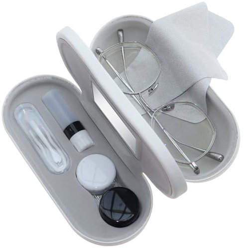eagosion Estuche 2 en 1 para gafas y lentes de contacto con paño de limpieza integrado, espejo integrado, pinzas multifunción y botella de solución, kit de viaje portátil de doble capa para gafas y