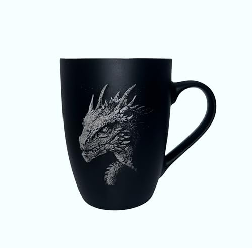 Tasse mit Gravur – auf Wunsch auch mit Text – gummierte Oberfläche – Farbe Schwarz-Porzellan-Personalisiert- Geschenk (Drache)