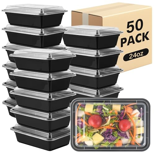 [Paquete de 50] Contenedores de preparación de comidas, recipientes apilables reutilizables para almacenamiento de alimentos con tapas, aptos para microondas, congelador y lavavajillas, lonchera de