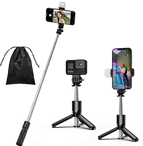 Perche à selfie avec lumière, trépied portable 4 en 1 pour iPhone avec télécommande sans fil amovible, compatible avec iPhone 16/15 Pro Max/15/14 Pro/14/13, GoPro, Samsung, LG, Google (Black+Light, 72