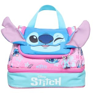 Disney Stitch Girls Lunch Bag – 3D Ears – Pink & Blue Insulated Lunchbox for Kids – Dual Compartment – Lilo & Stitch School Snack Bag