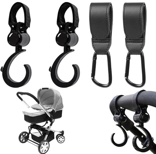 CUVZORA Lot de 4 crochets de poussette avec mousqueton, organiseur pour sac à langer et roue de course, accessoires pratiques pour ABC Baby, Bugaboo, Thule Chariot Cross 2 (noir)