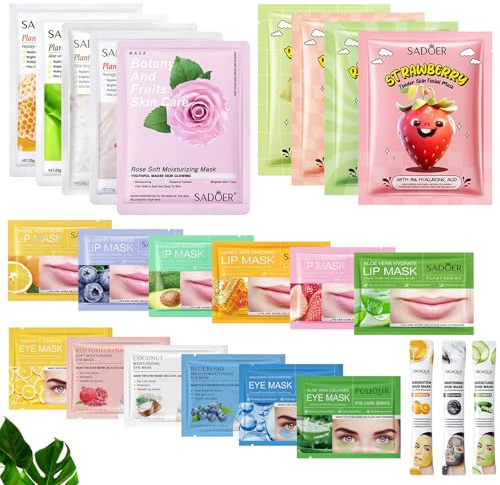 24 Piezas Mascarilla Facial Hidratante, con Mascarilla Labios y Parches Ojeras, mascarilla Facial Niña, Parches Ojos Bolsas y Ojeras, Mascarillas Faciales Skincare para Mujeres Adolescente