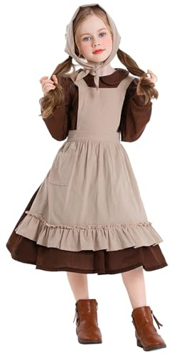 Dirndl Mädchen Kleid 3-Teilig Dirndl-Sets Trachtenkleid mit Schürze Kopftuch Mittelalter Kleidung Set Trachtenkleid Blumenkleid Kinder Bühnenkostüm Ländlicher Bauernhof (Coffee, 10-11 Years)