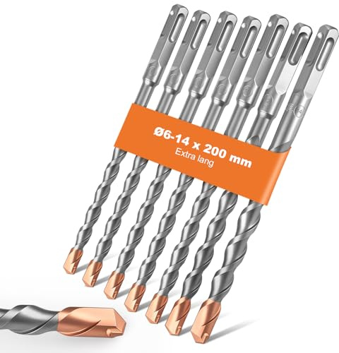YiJiuBa Juego de brocas para hormigón (7 piezas, diámetro 6-14 mm, 200 mm de largo), brocas duraderas de acero de tungsteno, brocas para martillo para hormigón armado, hormigón, mampostería