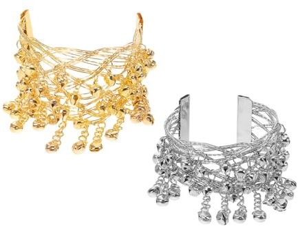 SAFIGLE Pulseras para Danza del Vientre 2 Piezas Brazaletes Abiertos de Metal Resistente con Campanas Colores Dorado y Plateado Ligeros Parte Superior del Brazo Accesorios para