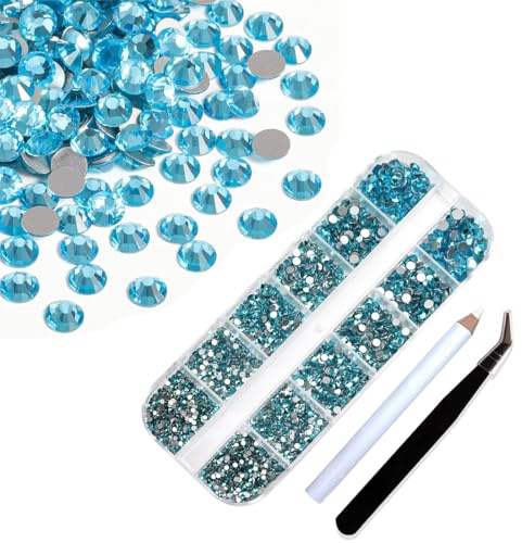 PLABBDPL 1440 Stück Strasssteine Nägel Nail Art, mit flacher Rückseite, Nagelsteine, Kristall-Strasssteine zum Basteln, gemischt in 6 Größen, mit Picking-Pinzette und Wachsstift-Set, Seeblau