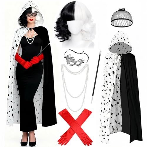 7 Pcs Cruella Costume Accessories Set for Women, Villain Fancy Dress Kit | Includes Black White Cape Wig Red Gloves Necklace Mask Hair Net Handheld Prop for Adults Carnival Halloween World Book Day