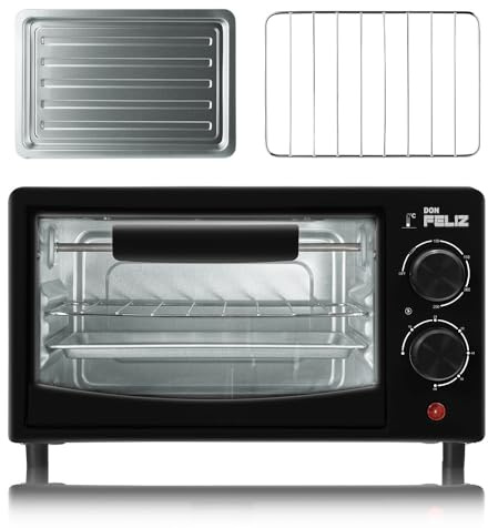 Horno Eléctrico Mini 12L, Multifuncional para Repostería, Tostadas, Pasteles y Pizzas, Negro, 32x18x20cm, Incluye Bandeja y Rejilla, DON FELIZ