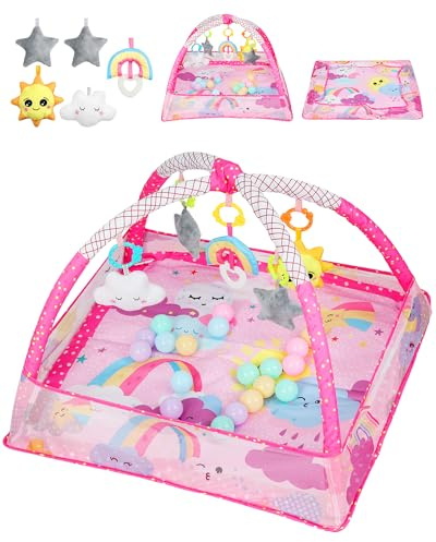 eSynic Baby Gym Gym Baby 7 i 1 Aktivitetscenter Baby Sensorisk Aktivitetsmatta med 5 Löstagbara Leksaker 18 Bollar Baby Lekplats Säkerhetsnät 77 x 77 x 52 cm Inomhus