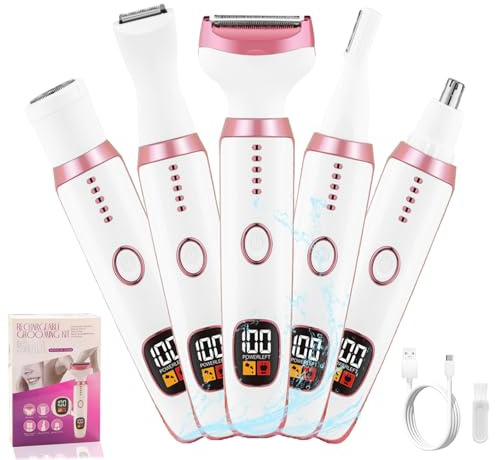 Rasoir Electrique Femme, 5 en 1 Tondeuse Femme Intime Maillot Bikini Sourcils Nez, Rasoir Électrique Epilateur Visage Femme, Étanche IPX7 Electrique Tondeuse pour Crops Pubis Aisselles Jambes