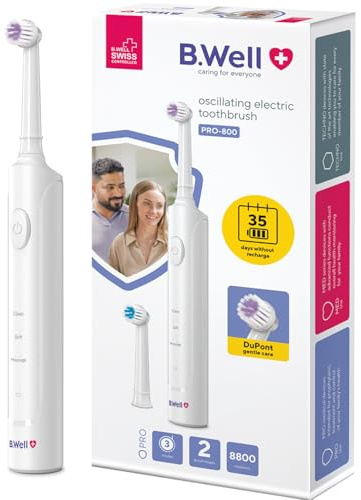 Brosse à Dents Rotative B.Well PRO-800 | 3 Modes & Autonomie 35 Jours | Qualité suisse, minuteur 2 minutes avec intervalle 30s, charge par induction & 2 brossettes, Blanche