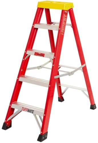 5 Tread Fibreglass Step Ladder 1.5m Lightweight With Top Tray Tool Holder EN-131 Certified Ladder for Electrical & Industrial Use Red