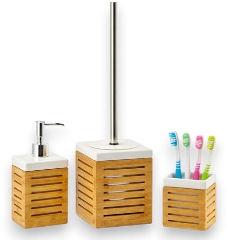 KORAT - Set Accessori Bagno in Bambù e Ceramica 3 Pezzi – Dispenser Sapone, Portaspazzolini e Portascopino con Manico in Acciaio Inox – Design Moderno Naturale per Bagno