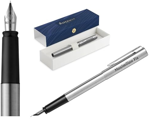 Waterman Allure Füllfederhalter mit Gravur – Personalisiertes Luxus-Schreibgerät – Eleganter Schreibstift als Geschenk für Damen & Herren, blaue Tinte (Stainless Steel)